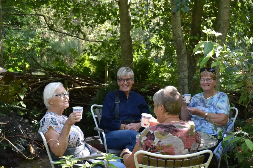 Ældre drikker kaffe i haven