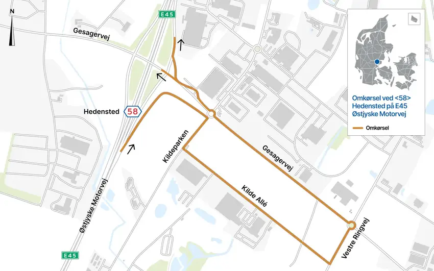 Omkørsel ved 58 Hedensted på E45