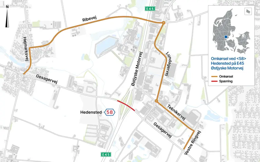 Omkørsel ved 58 Hedensted på E45 via ribevej