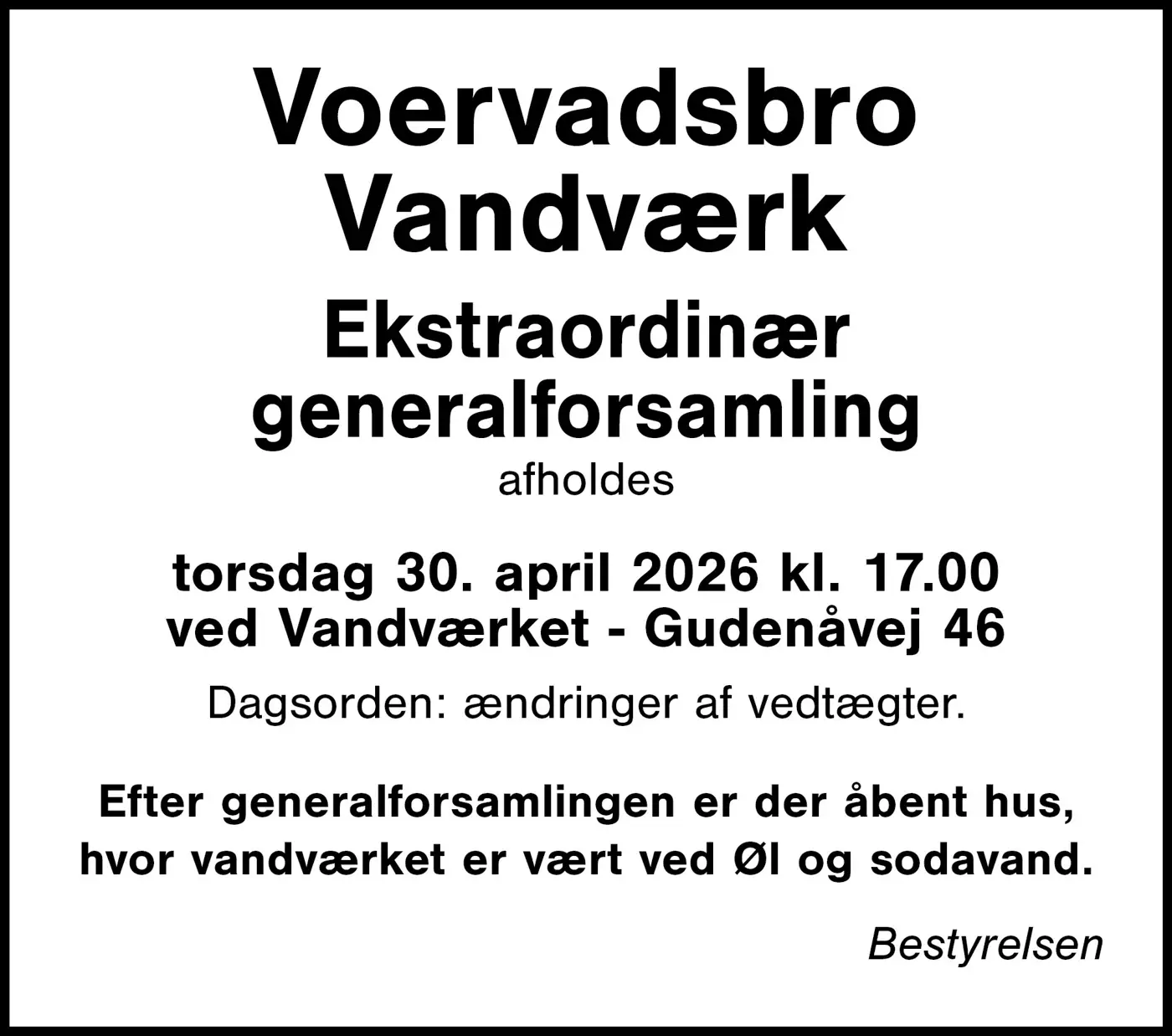 Ekstraordinær generalforsamling Voervadsbro Vandværk