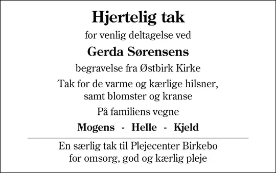 Takkeannonce Gerda Sørensen