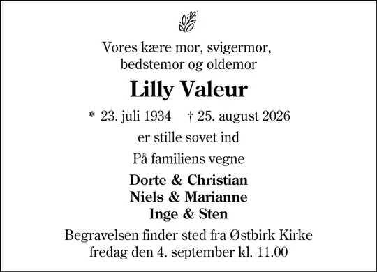Dødsannonce Lilly Valeur