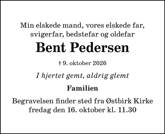 Dødsannonce Bent Pedersen
