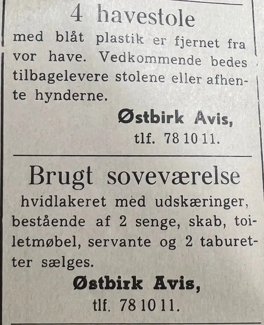 Annonce for Havestole i Østbirk Avis