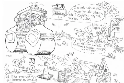 Karrikaturtegning af damptromle og lokal politikere